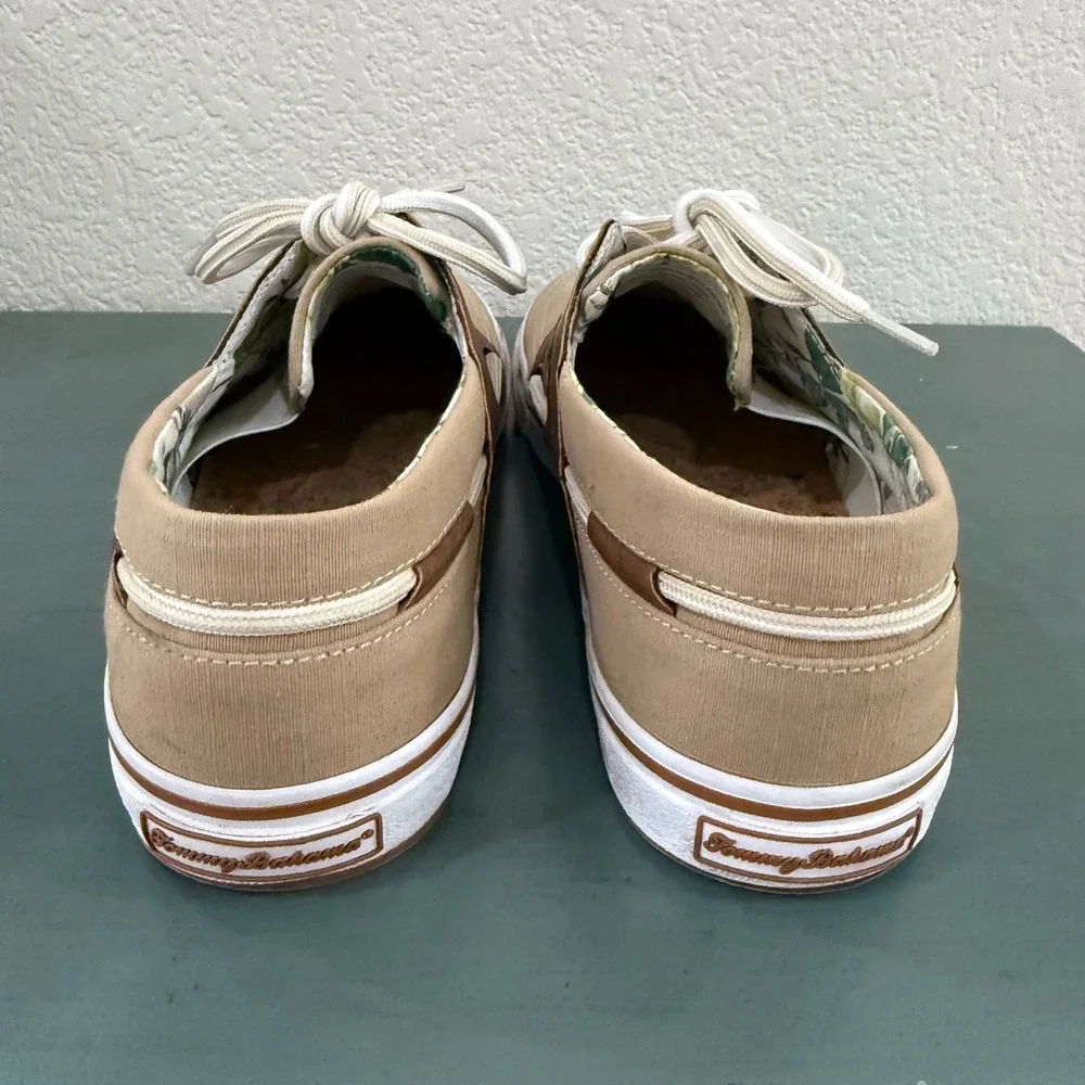 Tommy Bahama Mens Tan Canvas Brown Leather Boat Shoes‎ Lace Up Casual Size 8.5 D